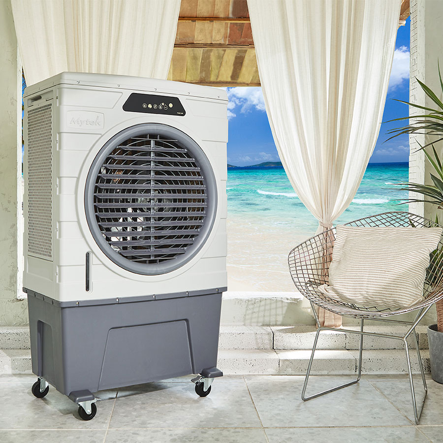 Evaporative air cooler use in open and semi-open ventilated spaces